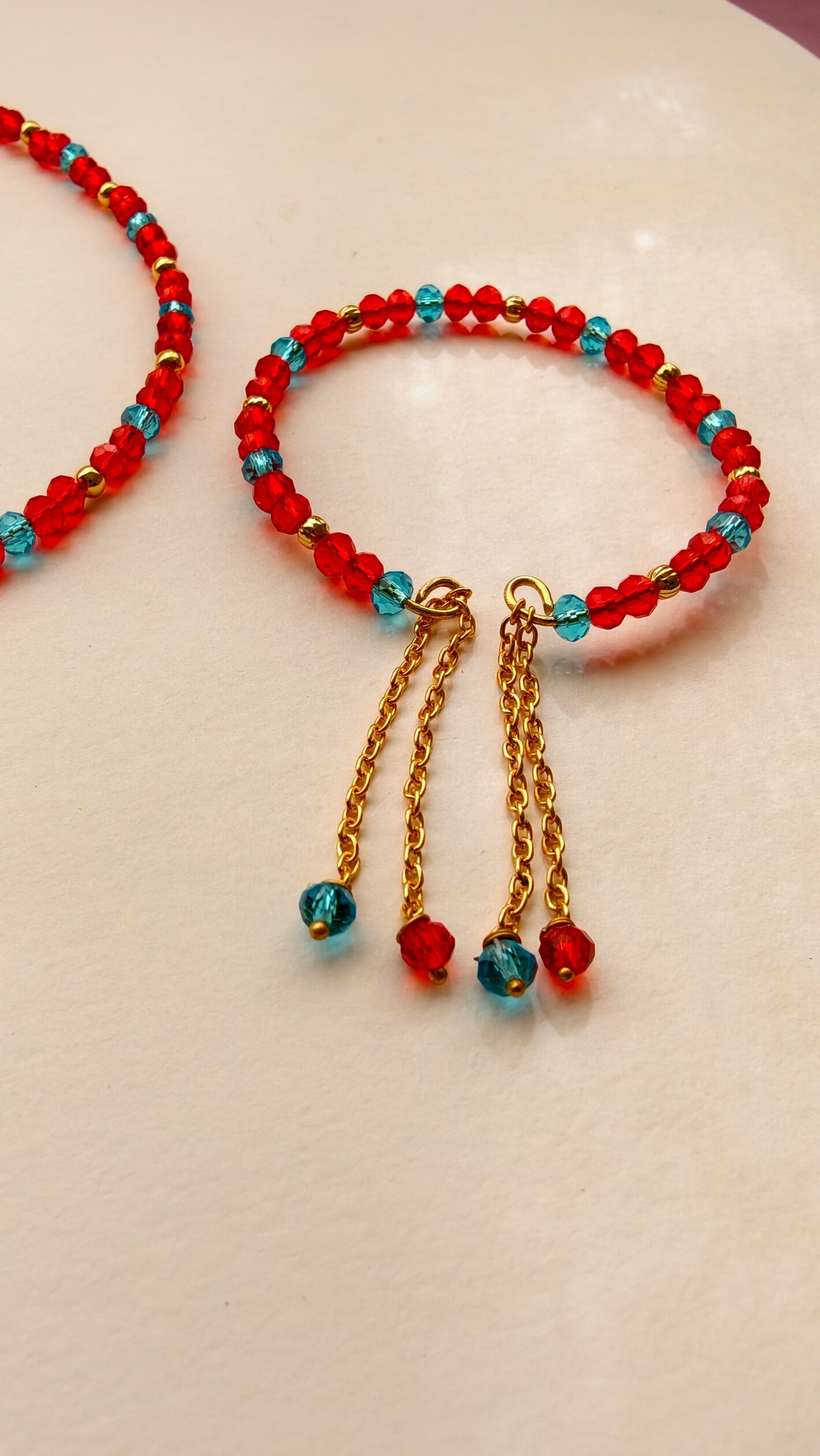 Red With Sky Blue Crystal Beads Necklace And Earrings Set With Bracelet