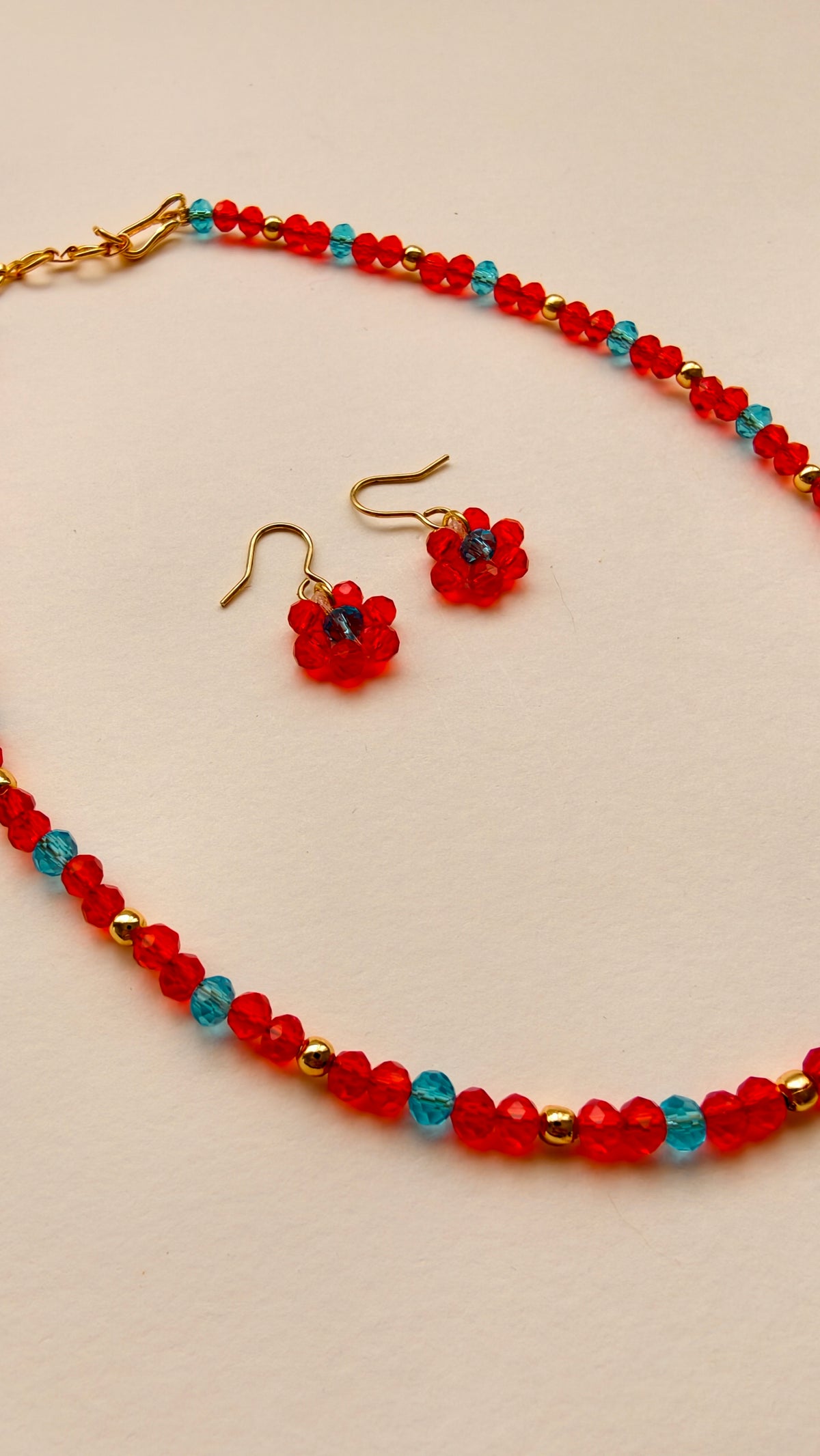 Red With Sky Blue Crystal Beads Necklace And Earrings Set With Bracelet