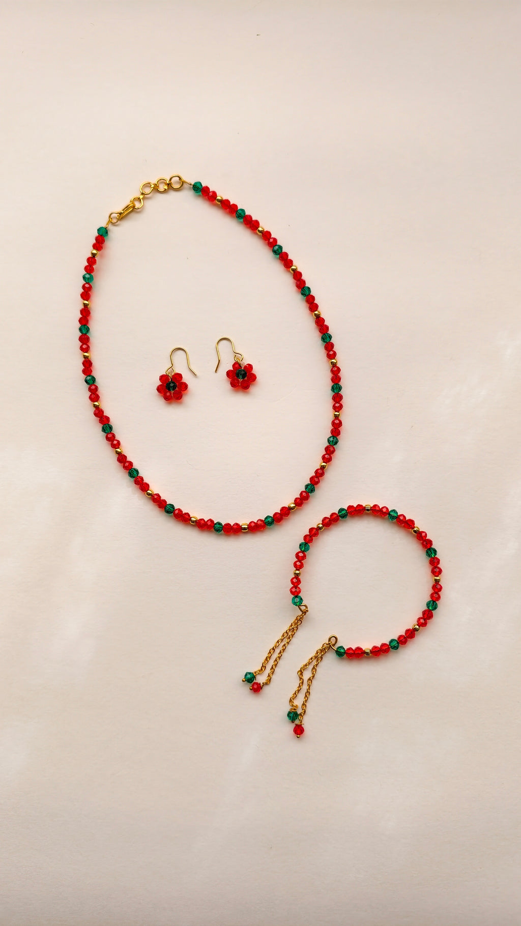 Red With Aqua Green Crystal Beads Necklace And Earrings Set With Bracelet (Copy)
