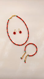 Red With Aqua Green Crystal Beads Necklace And Earrings Set With Bracelet (Copy)