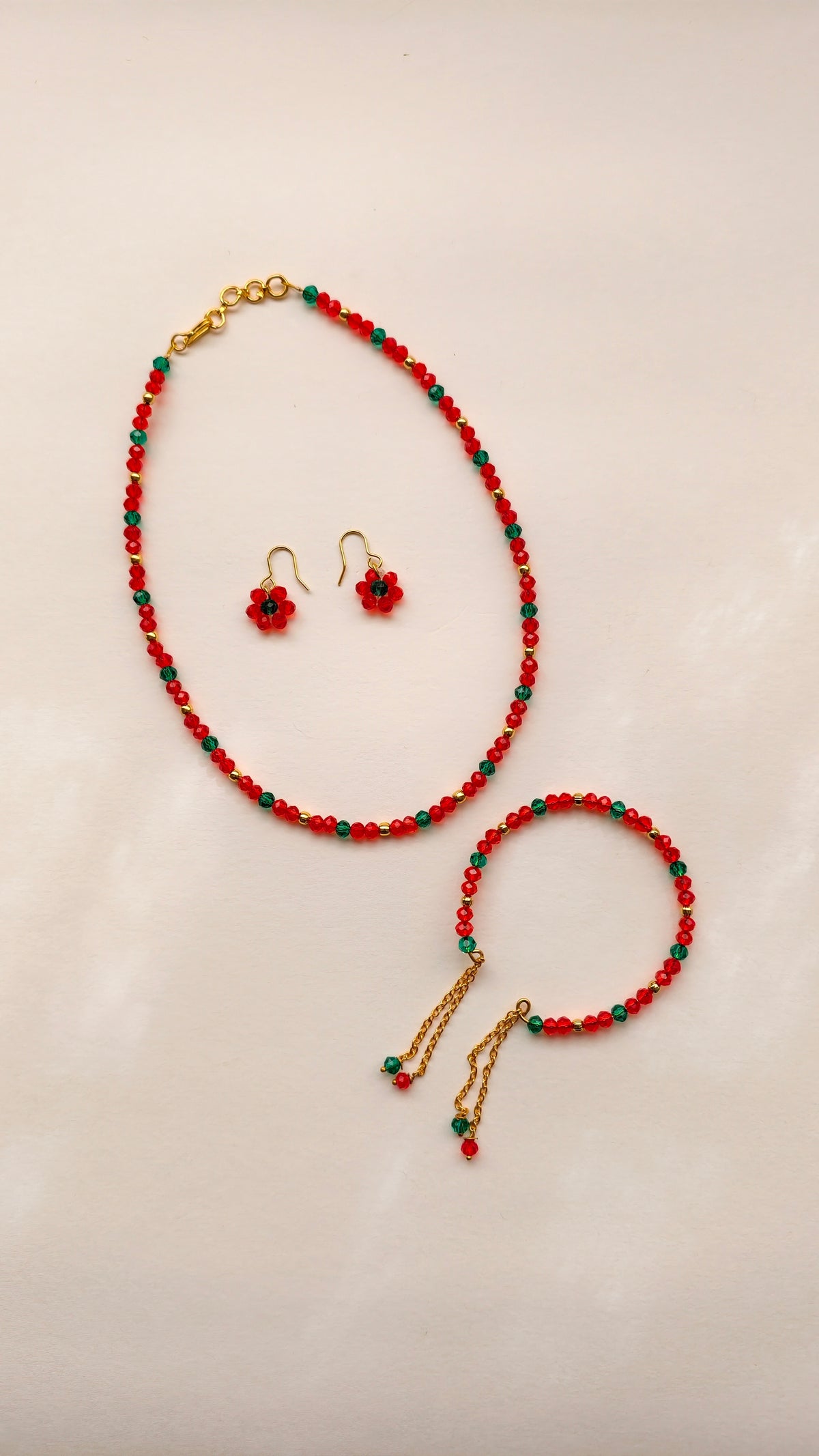 Red With Aqua Green Crystal Beads Necklace And Earrings Set With Bracelet (Copy)