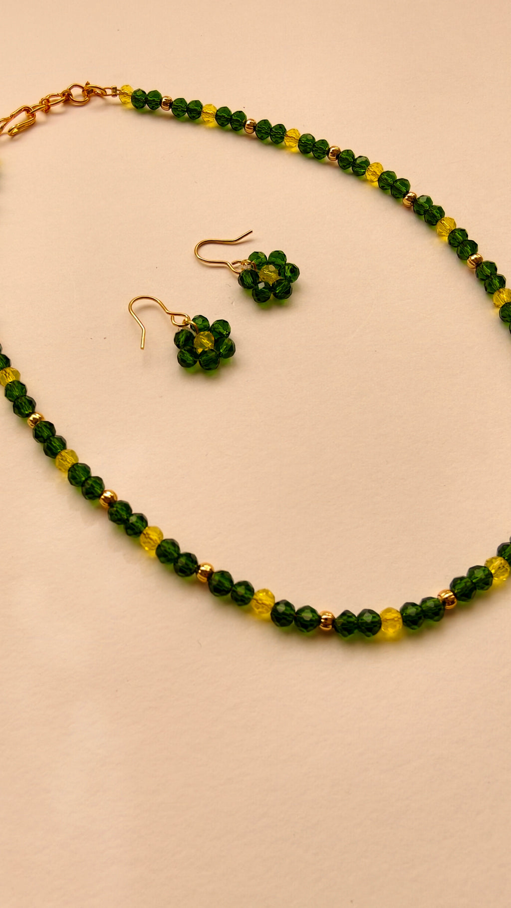 Green With Yellow Crystal Beads Necklace And Earrings Set With Bracelet