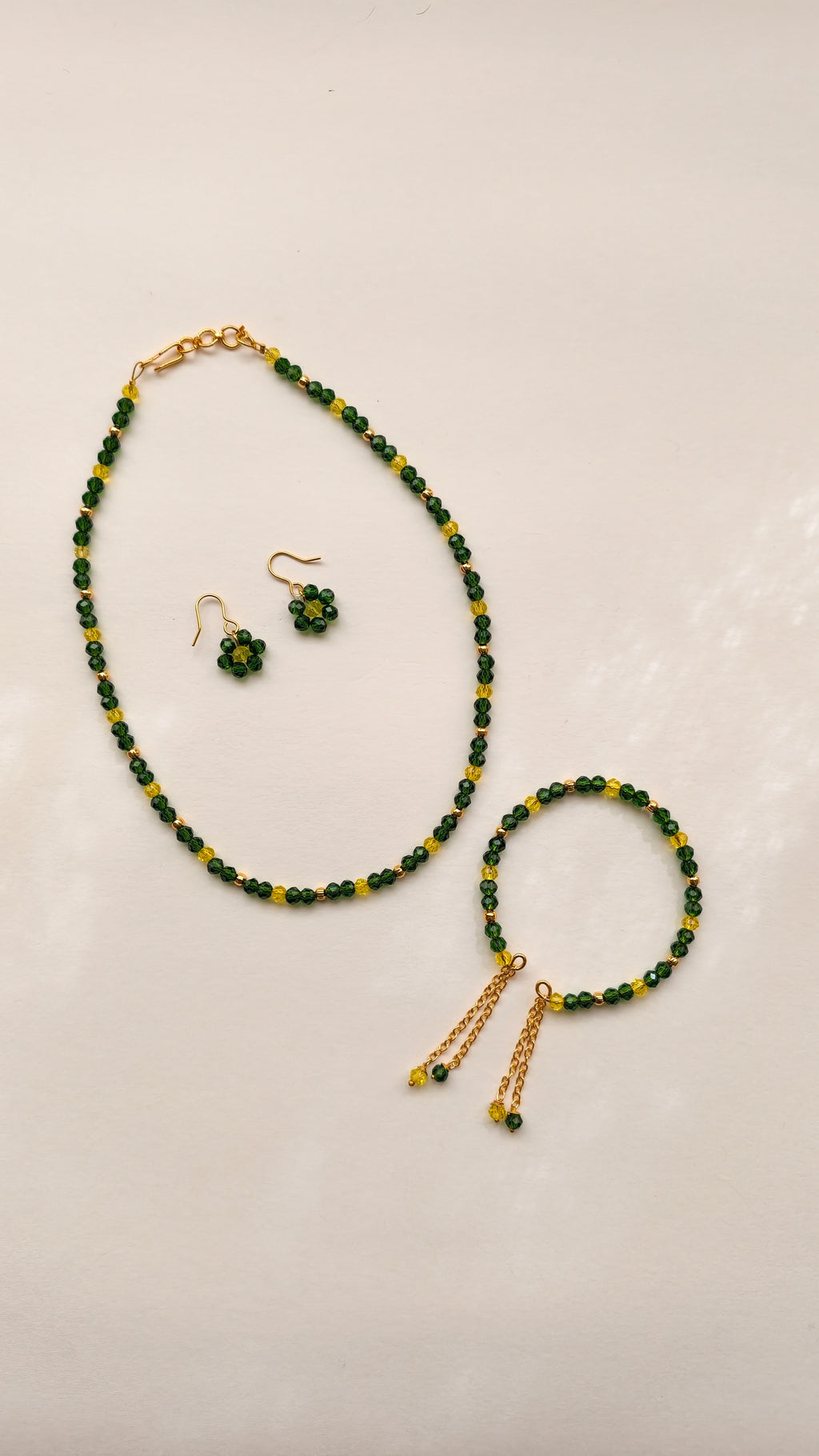 Green With Yellow Crystal Beads Necklace And Earrings Set With Bracelet