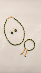 Green With Yellow Crystal Beads Necklace And Earrings Set With Bracelet