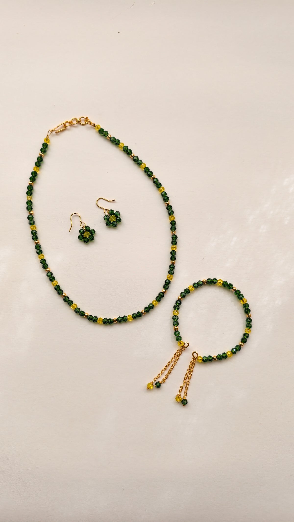Green With Yellow Crystal Beads Necklace And Earrings Set With Bracelet
