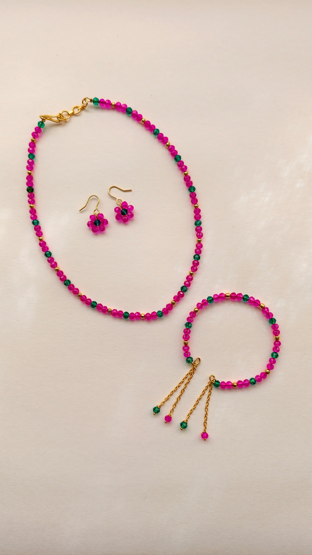 Pink With Aqua Green Crystal Beads Necklace And Earrings Set With Bracelet