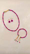 Pink With Aqua Green Crystal Beads Necklace And Earrings Set With Bracelet