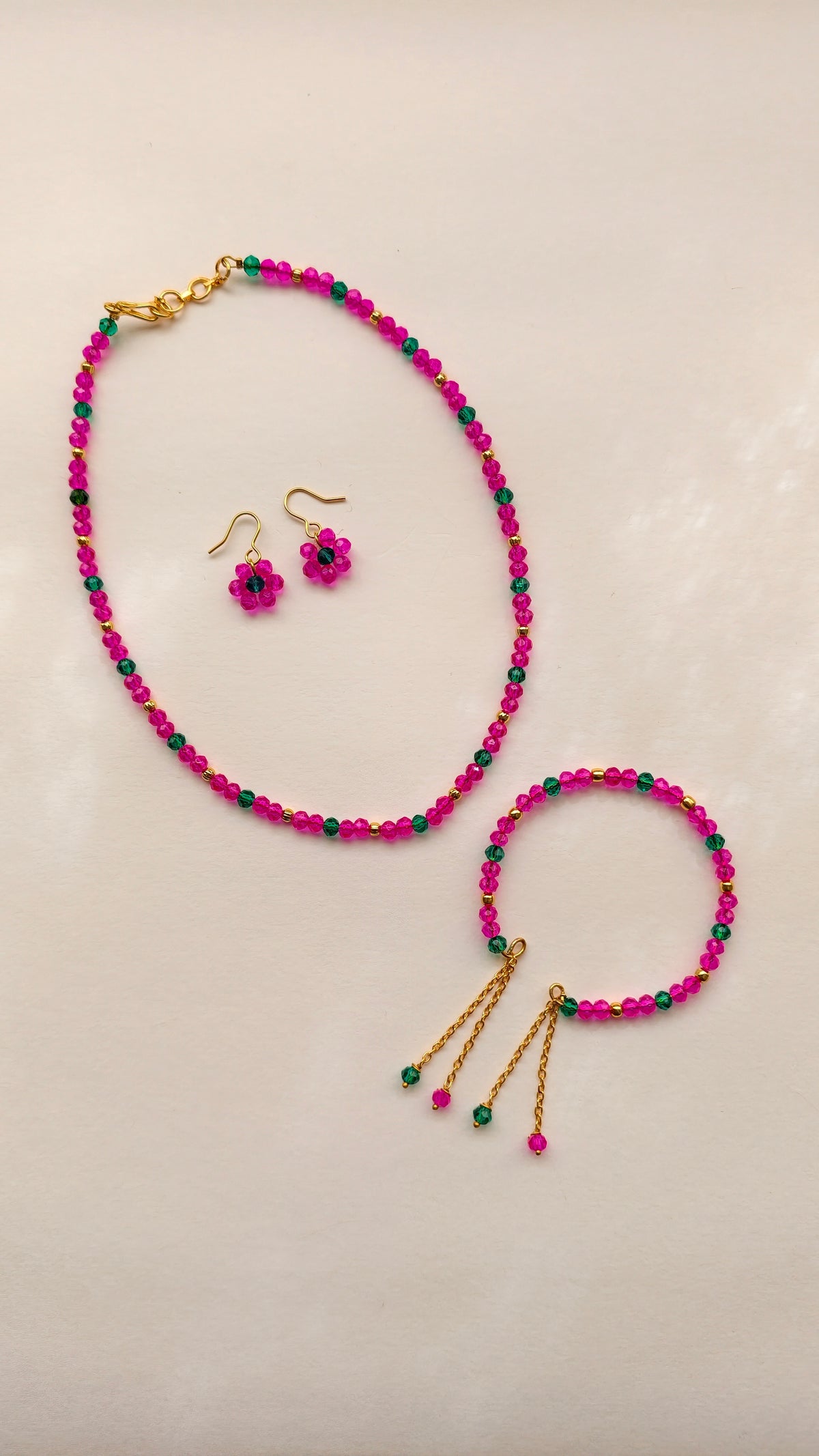 Pink With Aqua Green Crystal Beads Necklace And Earrings Set With Bracelet