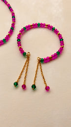 Pink With Aqua Green Crystal Beads Necklace And Earrings Set With Bracelet
