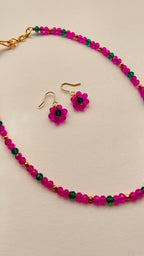 Pink With Aqua Green Crystal Beads Necklace And Earrings Set With Bracelet