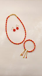 Red With Yellow Crystal Beads Necklace And Earrings Set With Bracelet