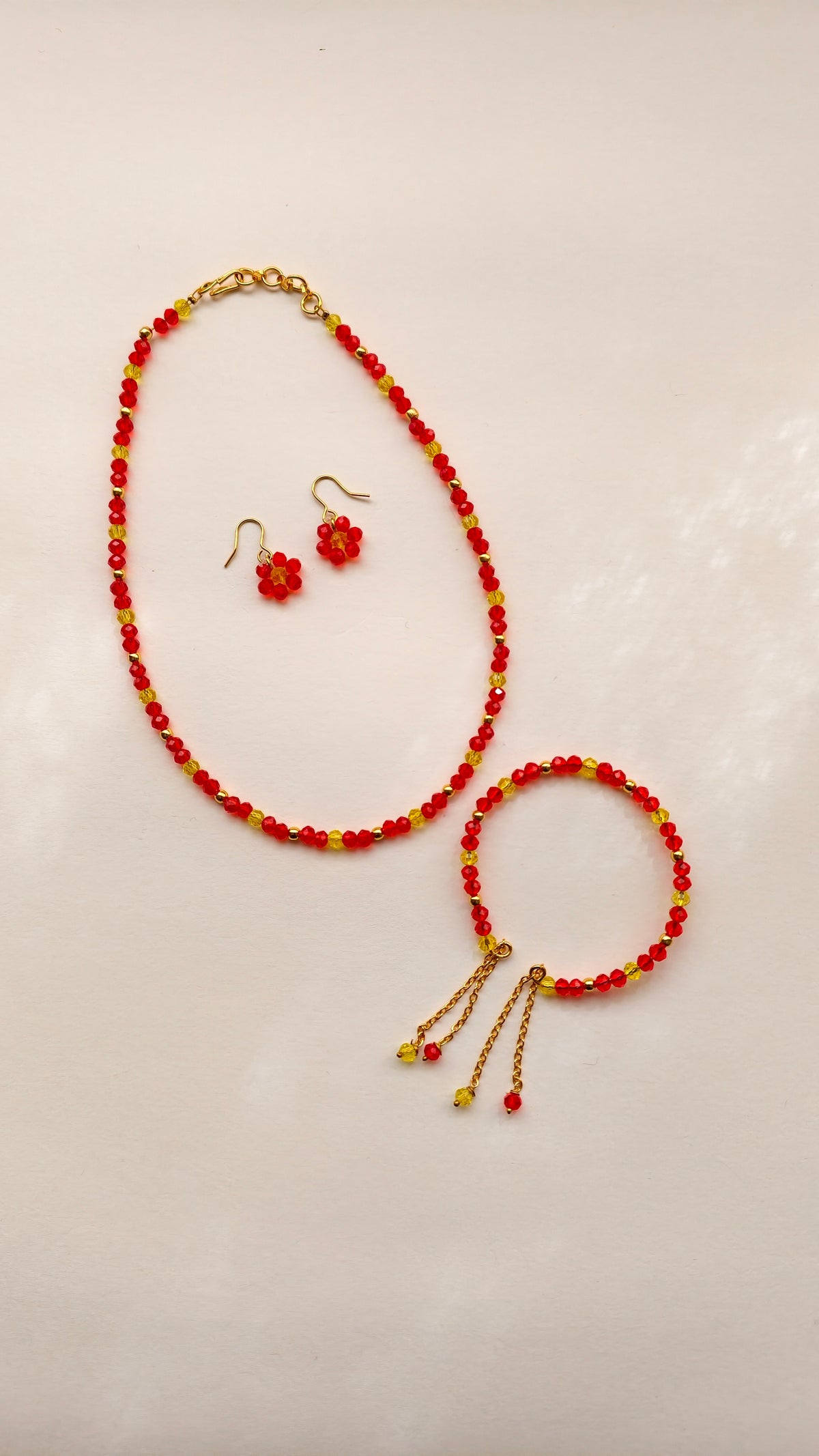 Red With Yellow Crystal Beads Necklace And Earrings Set With Bracelet