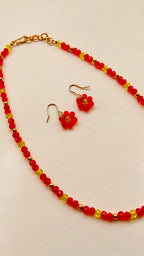 Red With Yellow Crystal Beads Necklace And Earrings Set With Bracelet