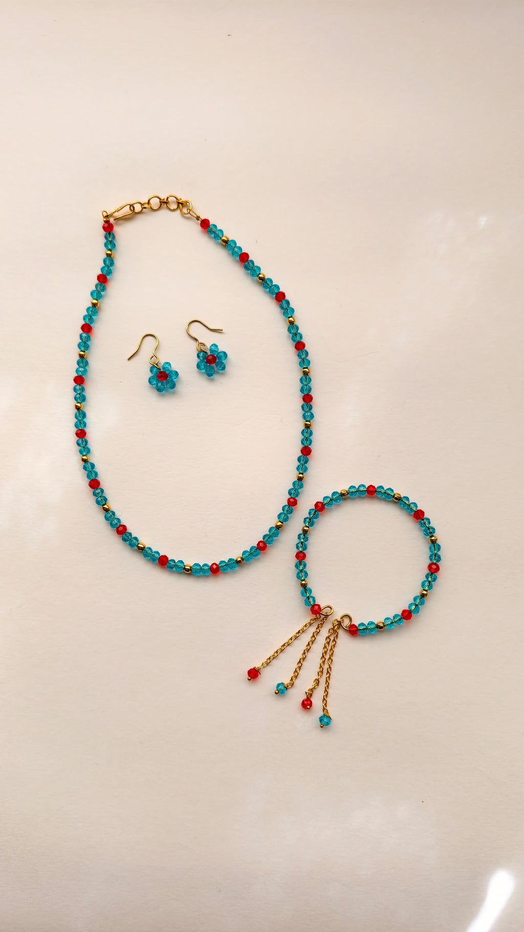 Sky Blue And Red Crystal Beads Necklace And Earrings Set With Bracelet
