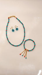 Sky Blue And Red Crystal Beads Necklace And Earrings Set With Bracelet