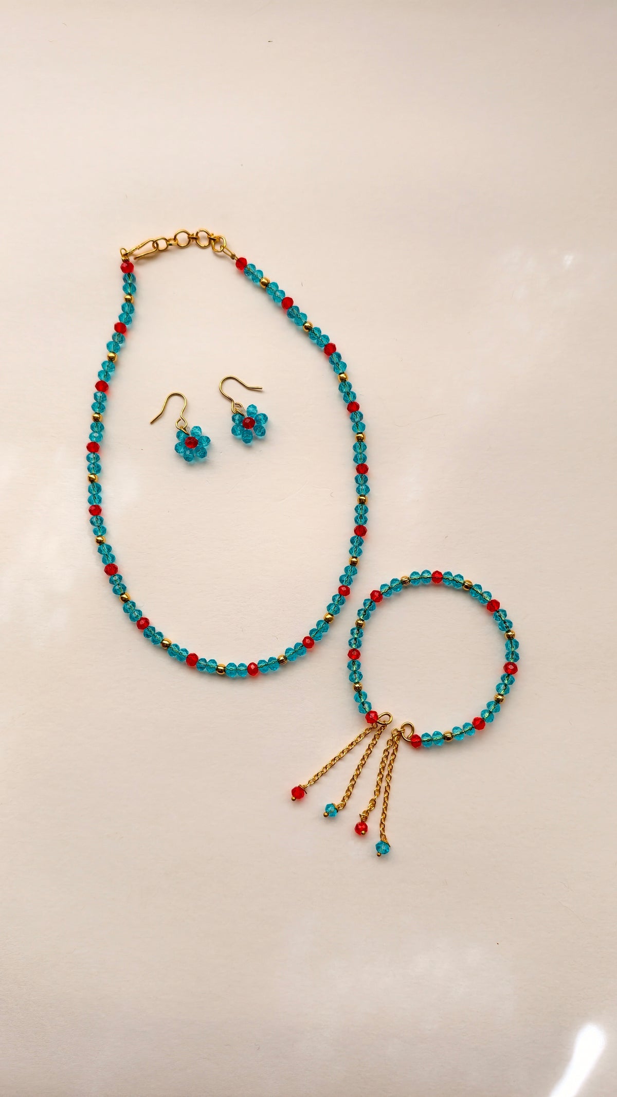 Sky Blue And Red Crystal Beads Necklace And Earrings Set With Bracelet