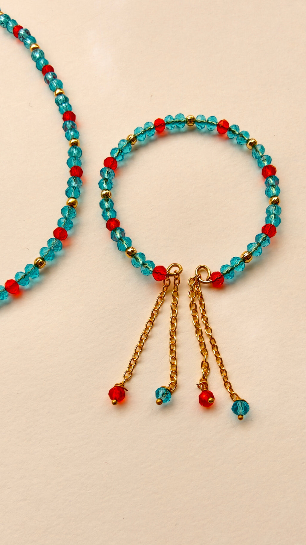 Sky Blue And Red Crystal Beads Necklace And Earrings Set With Bracelet