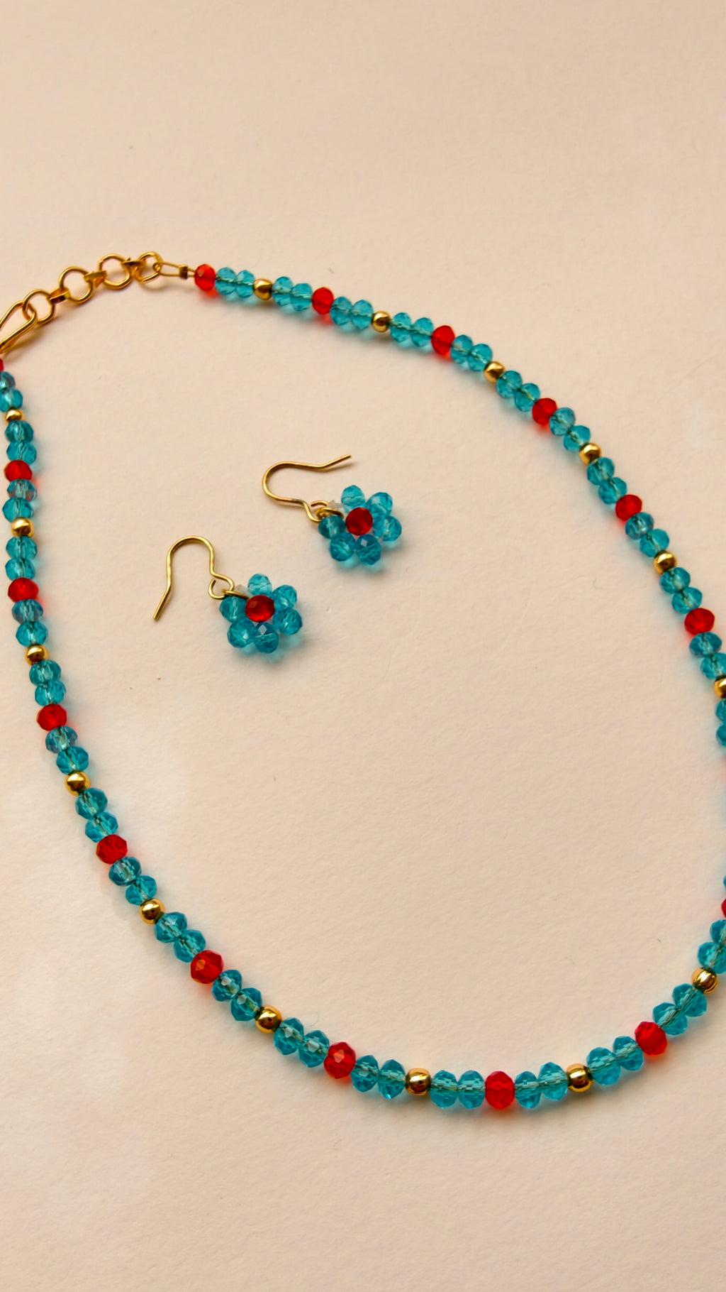 Sky Blue And Red Crystal Beads Necklace And Earrings Set With Bracelet