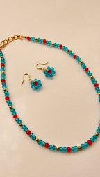 Sky Blue And Red Crystal Beads Necklace And Earrings Set With Bracelet