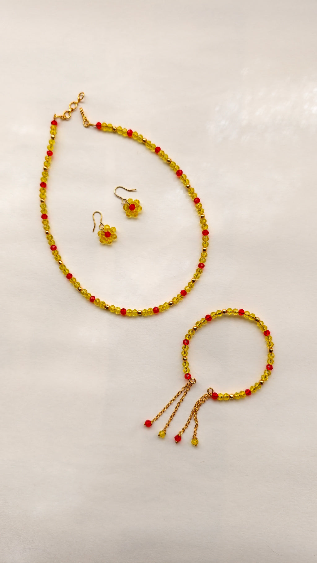 Yellow With Red Crystal Beads Necklace And Earrings Set With Bracelet