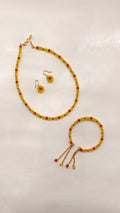 Yellow With Red Crystal Beads Necklace And Earrings Set With Bracelet
