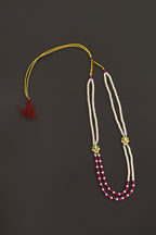 Semicultured Pearl Double Layer Kanthi with Magenta Oval clear glass beads and Green lotus Findings for Batu