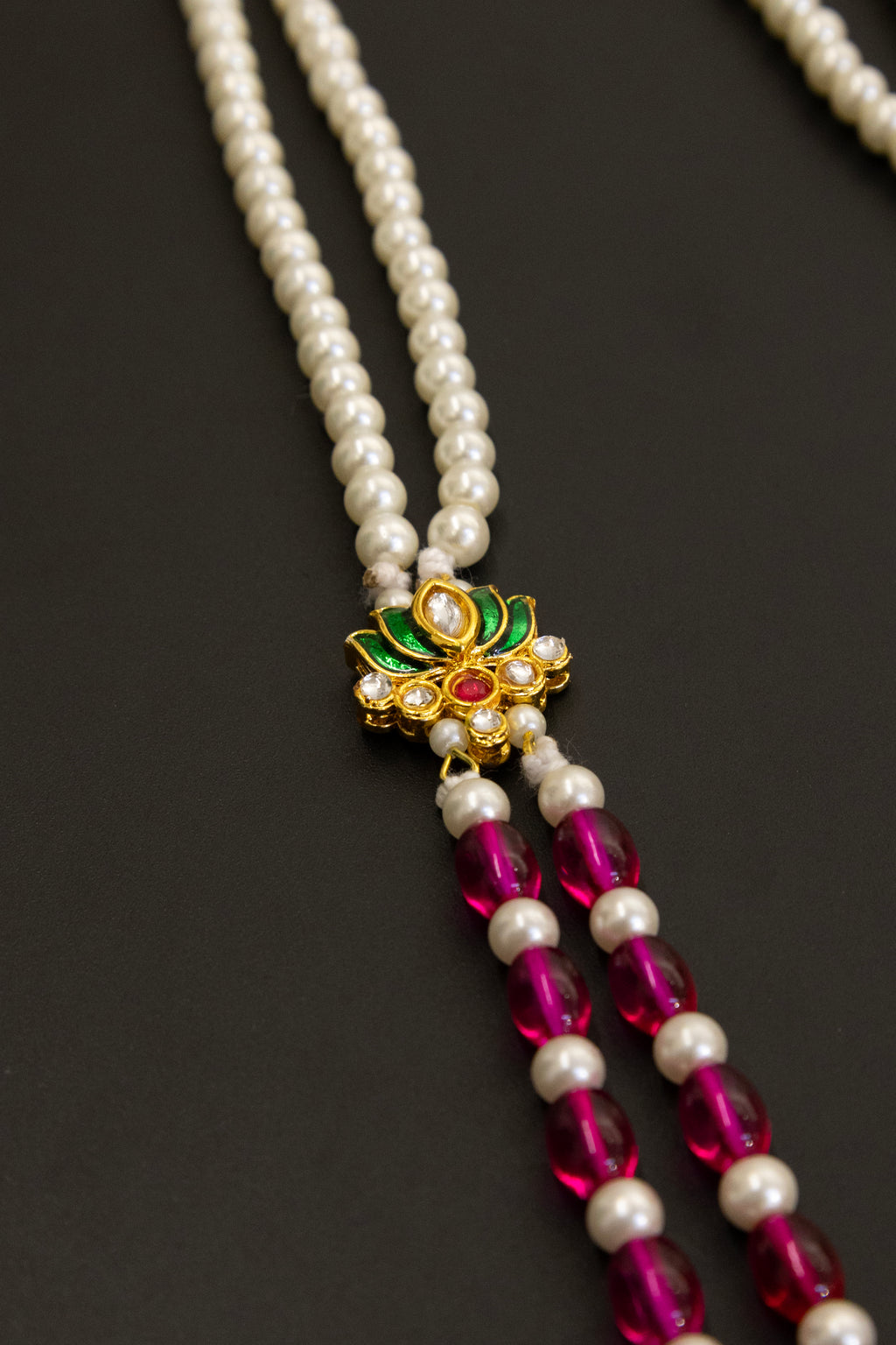 Semicultured Pearl Double Layer Kanthi with Magenta Oval clear glass beads and Green lotus Findings for Batu