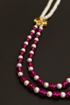 Semicultured Pearl Double Layer Kanthi with Magenta Oval clear glass beads and Green lotus Findings for Batu