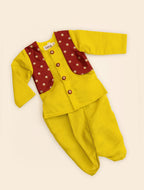 Sarthak set - Fresh olive roman silk dhoti and front open false jacket kurta set with pure banarasi maroon brocade jacket panels and buttons embellishments for Newborn Baby Boy