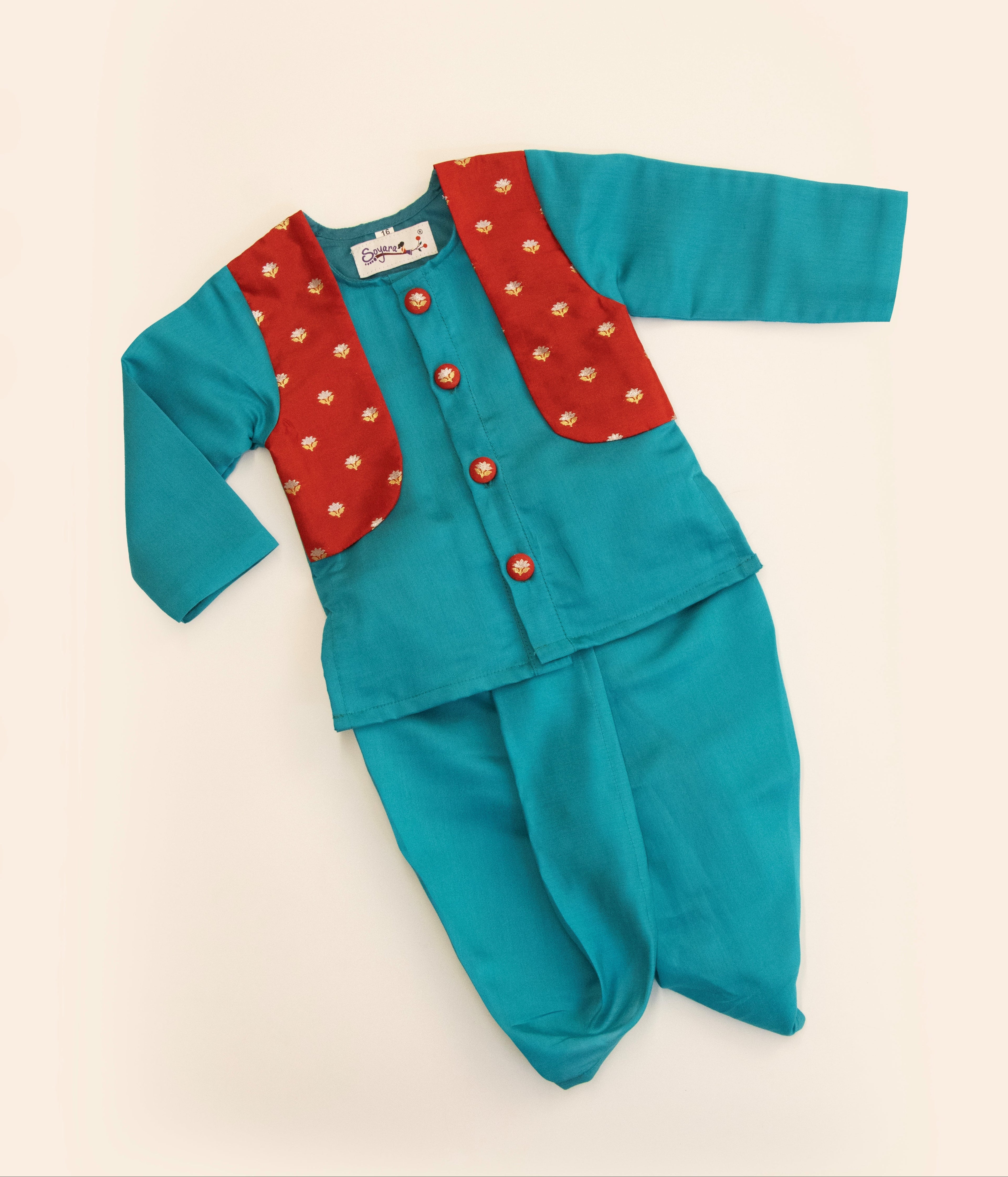 Sarthak set - Teal blue roman silk dhoti and front open false jacket kurta set with pure banarasi red brocade jacket panels and buttons embellishments for Newborn Baby Boy