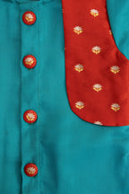 Sarthak set - Teal blue roman silk dhoti and front open false jacket kurta set with pure banarasi red brocade jacket panels and buttons embellishments for Newborn Baby Boy