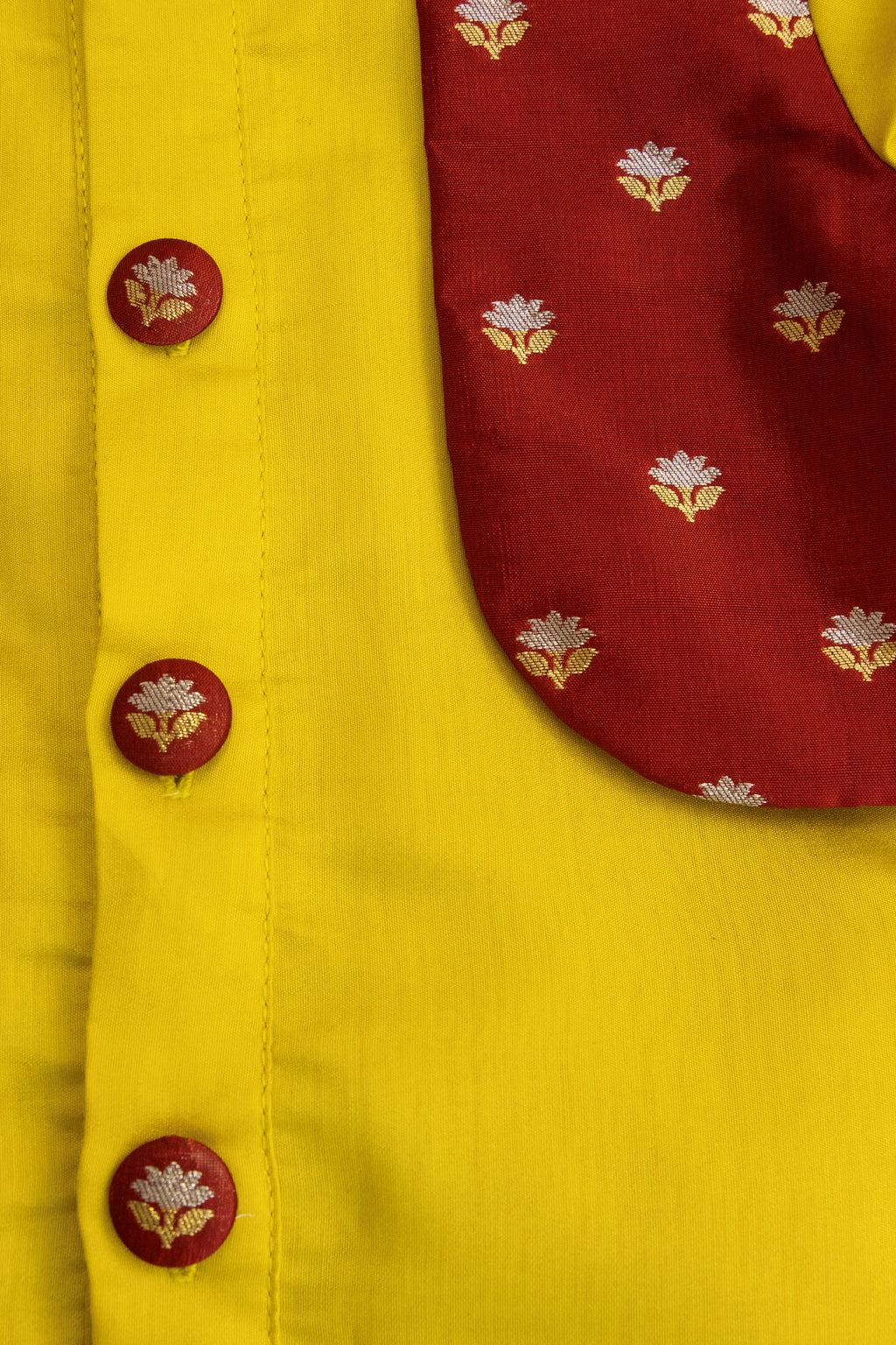 Sarthak set - Fresh olive roman silk dhoti and front open false jacket kurta set with pure banarasi maroon brocade jacket panels and buttons embellishments for Newborn Baby Boy