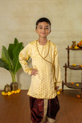 Cream coloured soft brocade silk kurta with angarakha pattern for Batu