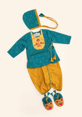 Rajas Set - Teal Blue brocade Angarakha kurta with intricate Peacock Paithani yoke teamed with golden pooja silk dhoti for newborn baby boy