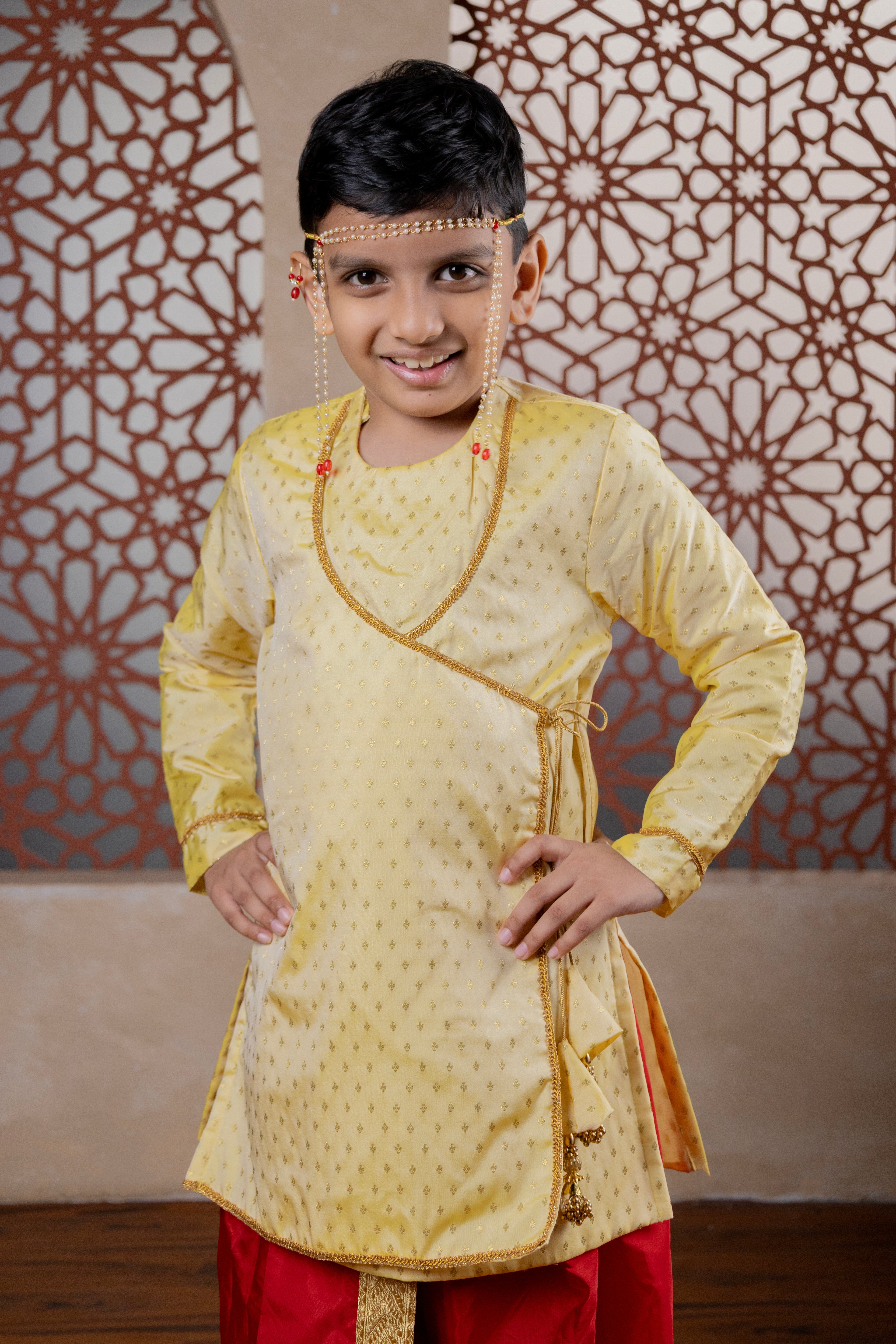 Cream coloured soft brocade silk kurta with angarakha pattern for Batu