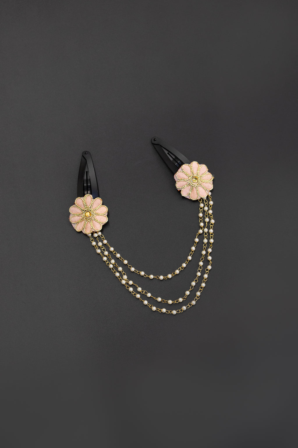 Triveni - Powder Pink two flowers triple layer Pearl chain Hair clips for Girls