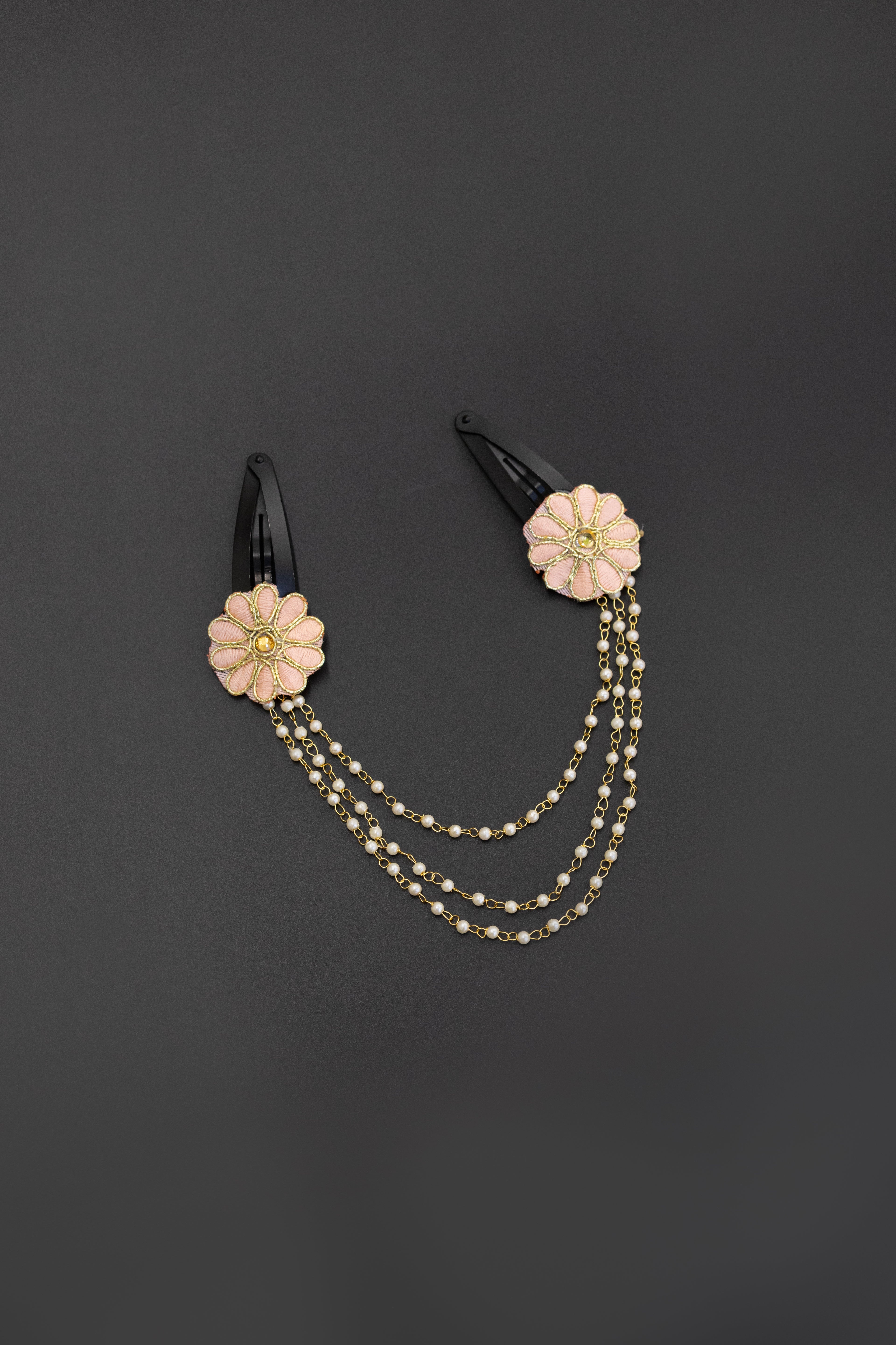 Triveni - Powder Pink two flowers triple layer Pearl chain Hair clips for Girls