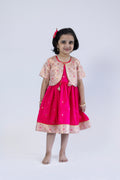 Bright Pink soft banaras brocade silk frock / dress with light pink premium banaras brocade border and a removable jacket for girls