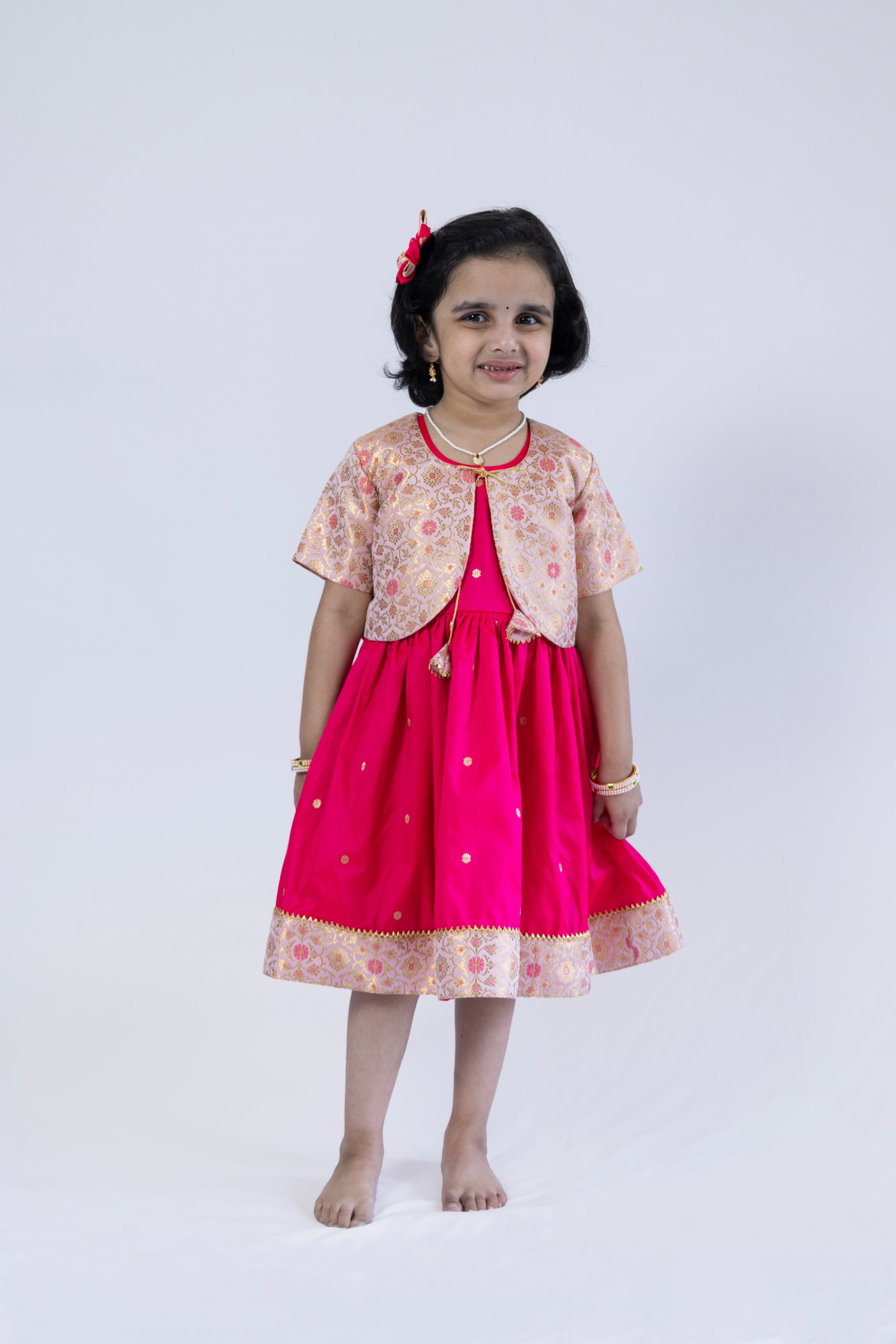 Bright Pink soft banaras brocade silk frock / dress with light pink premium banaras brocade border and a removable jacket for girls