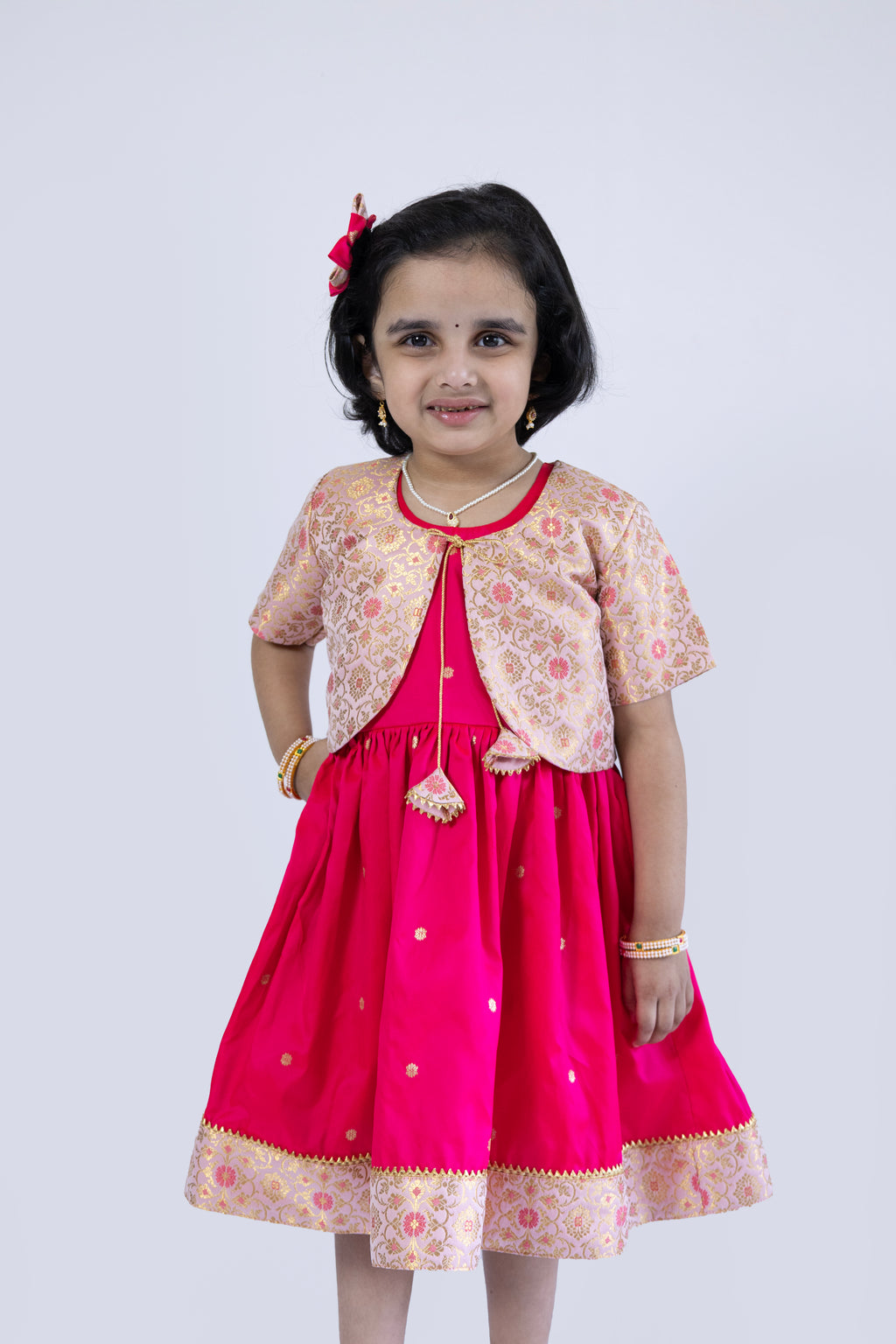 Bright Pink soft banaras brocade silk frock / dress with light pink premium banaras brocade border and a removable jacket for girls