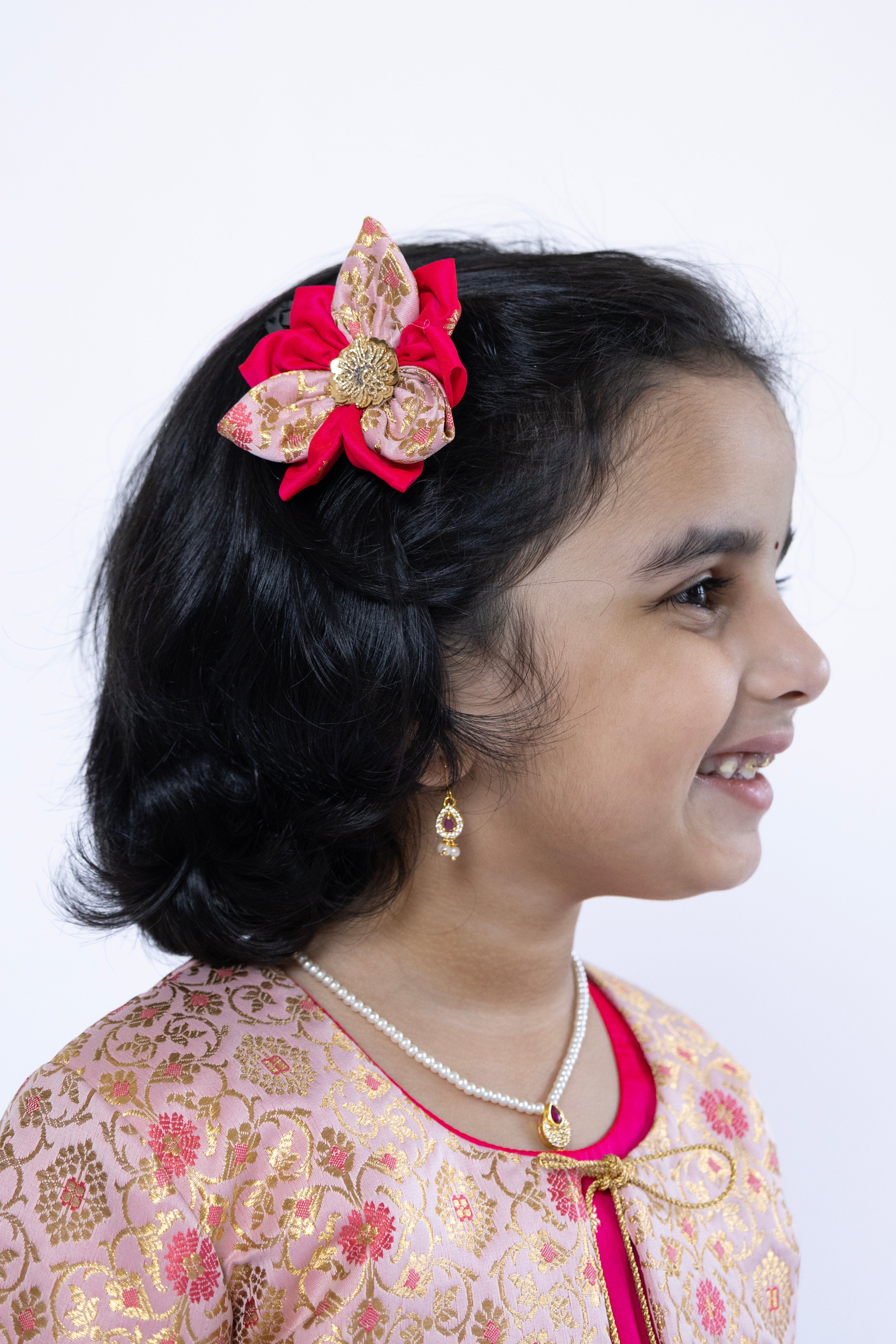 Bright Pink soft banaras brocade silk frock / dress with light pink premium banaras brocade border and a removable jacket for girls