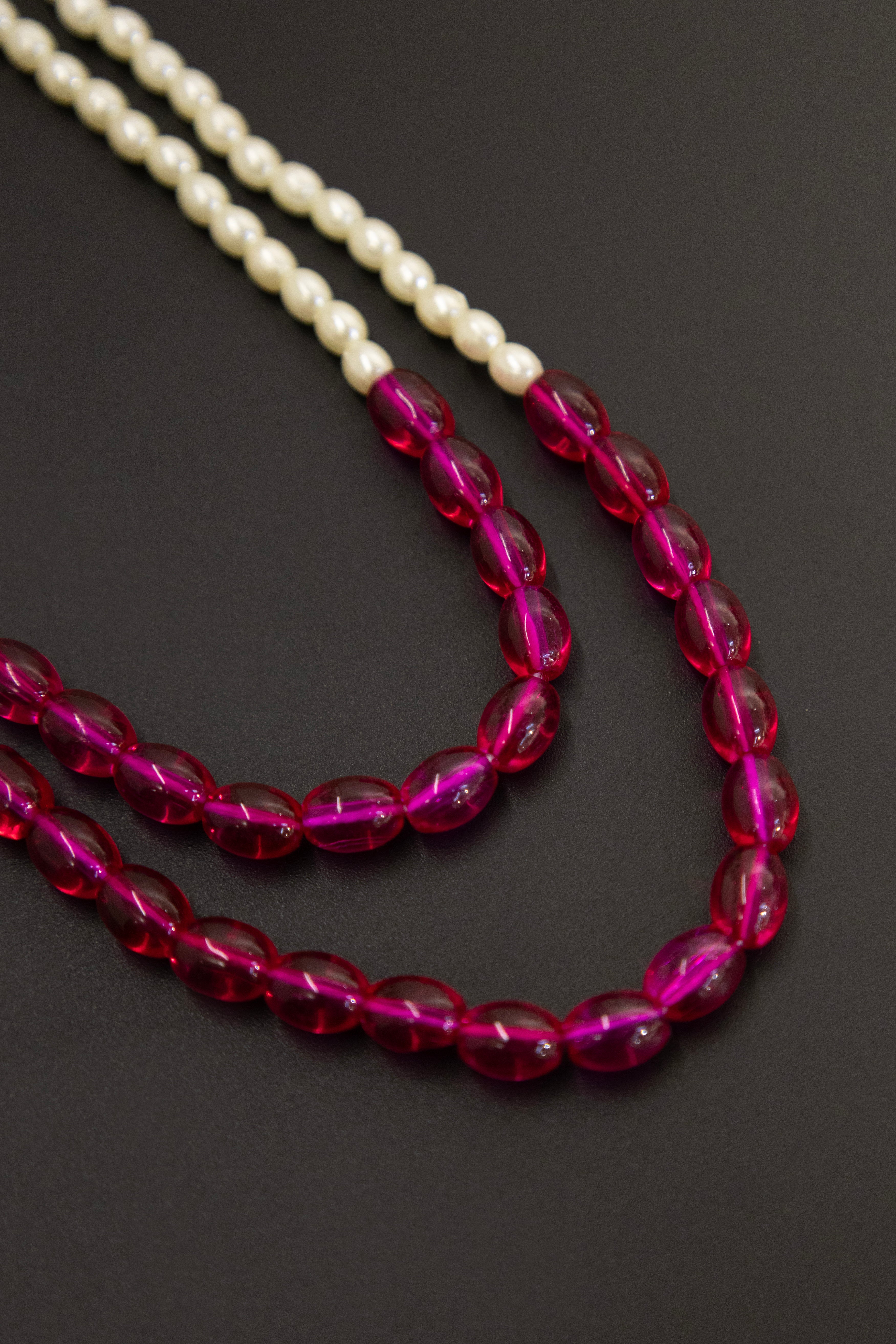 Semicultured Pearl Double Layer Kanthi with magenta Oval clear glass beads for Batu