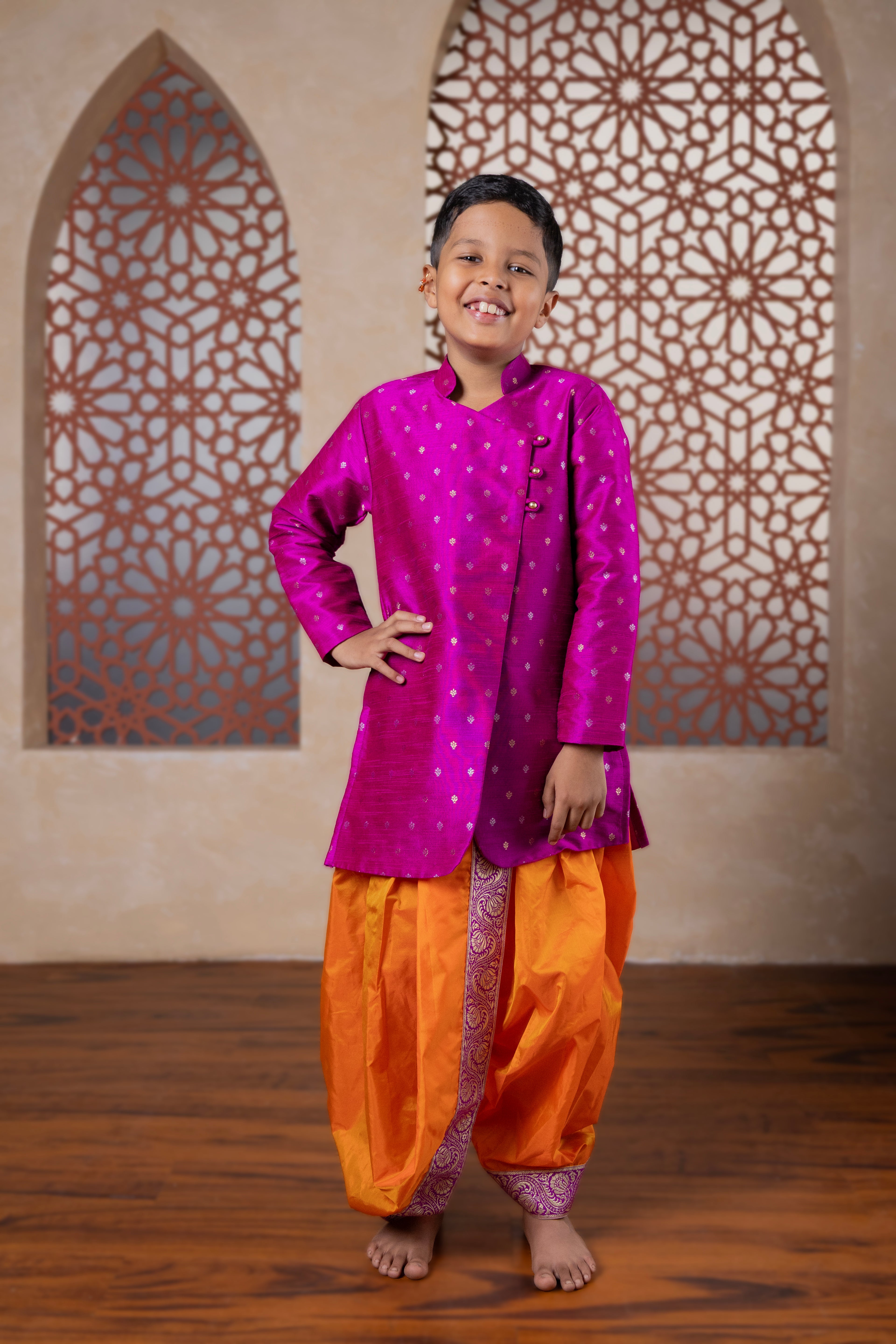 Magenta raw silk zari motifs half stand collared Kurta with overlap pattern for Batu
