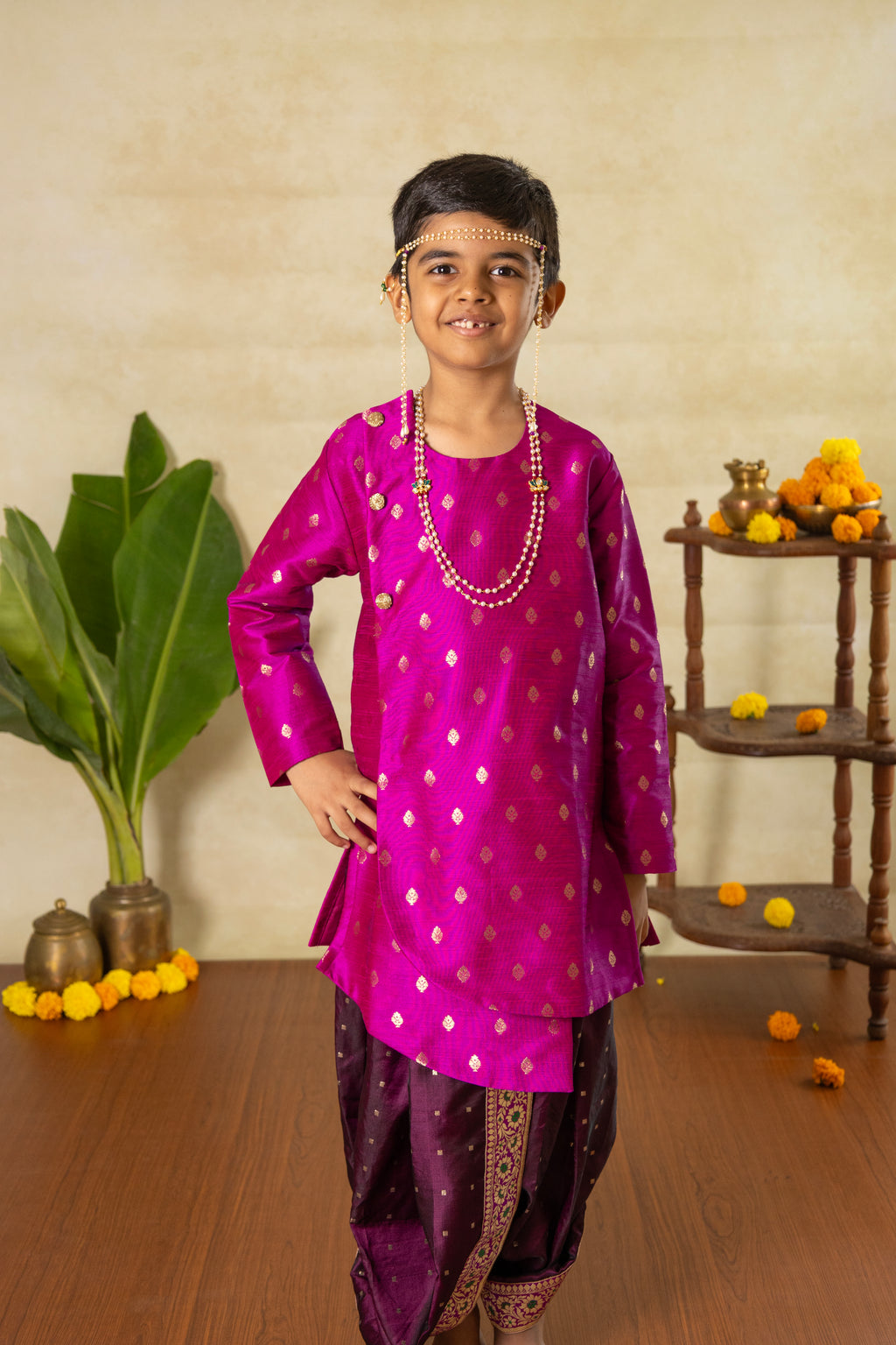 Magenta raw silk with golden butti asymmetric high low short kurta with statement buttons for Batu