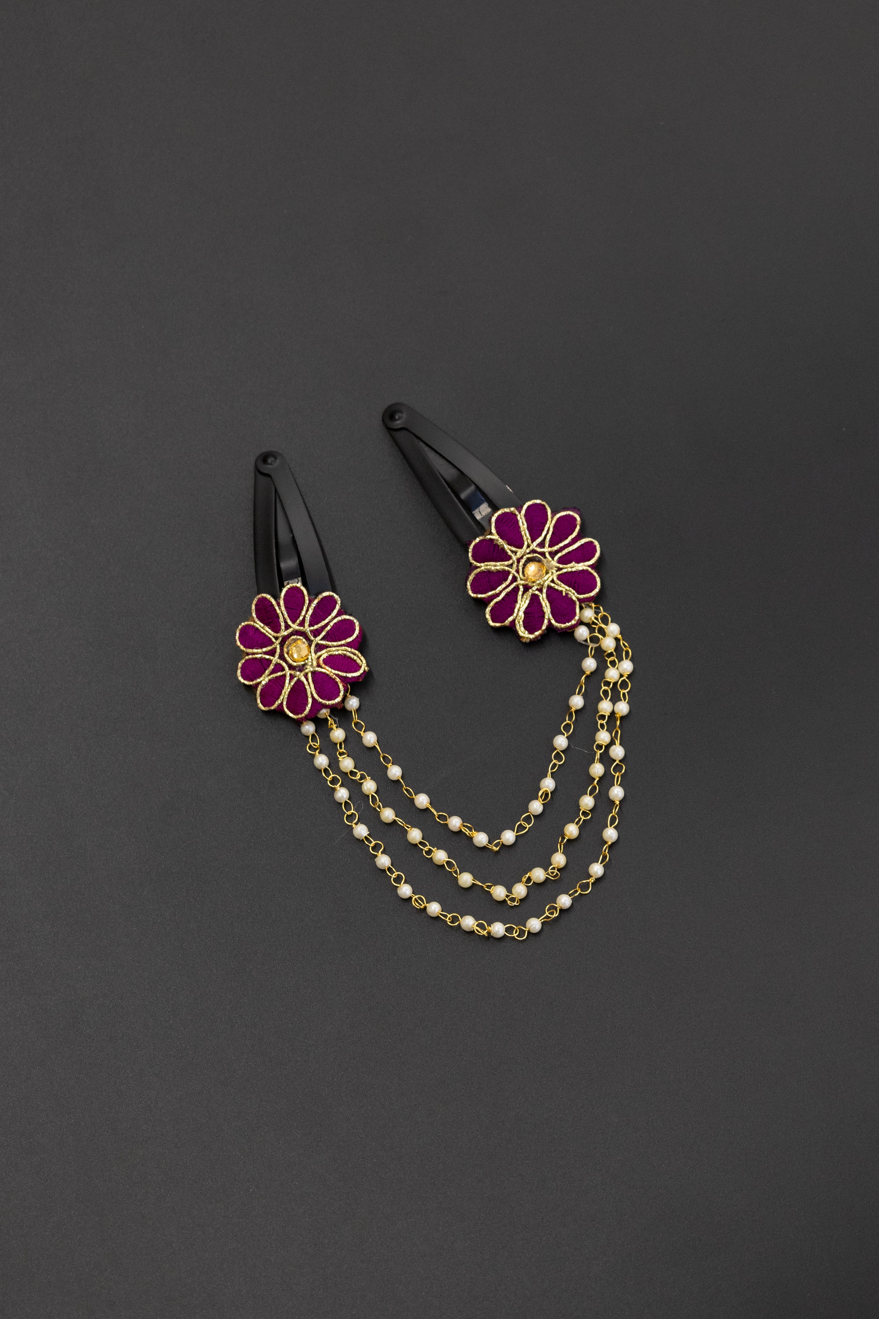 Triveni - Purple two flowers triple layer Pearl chain Hair clips for Girls