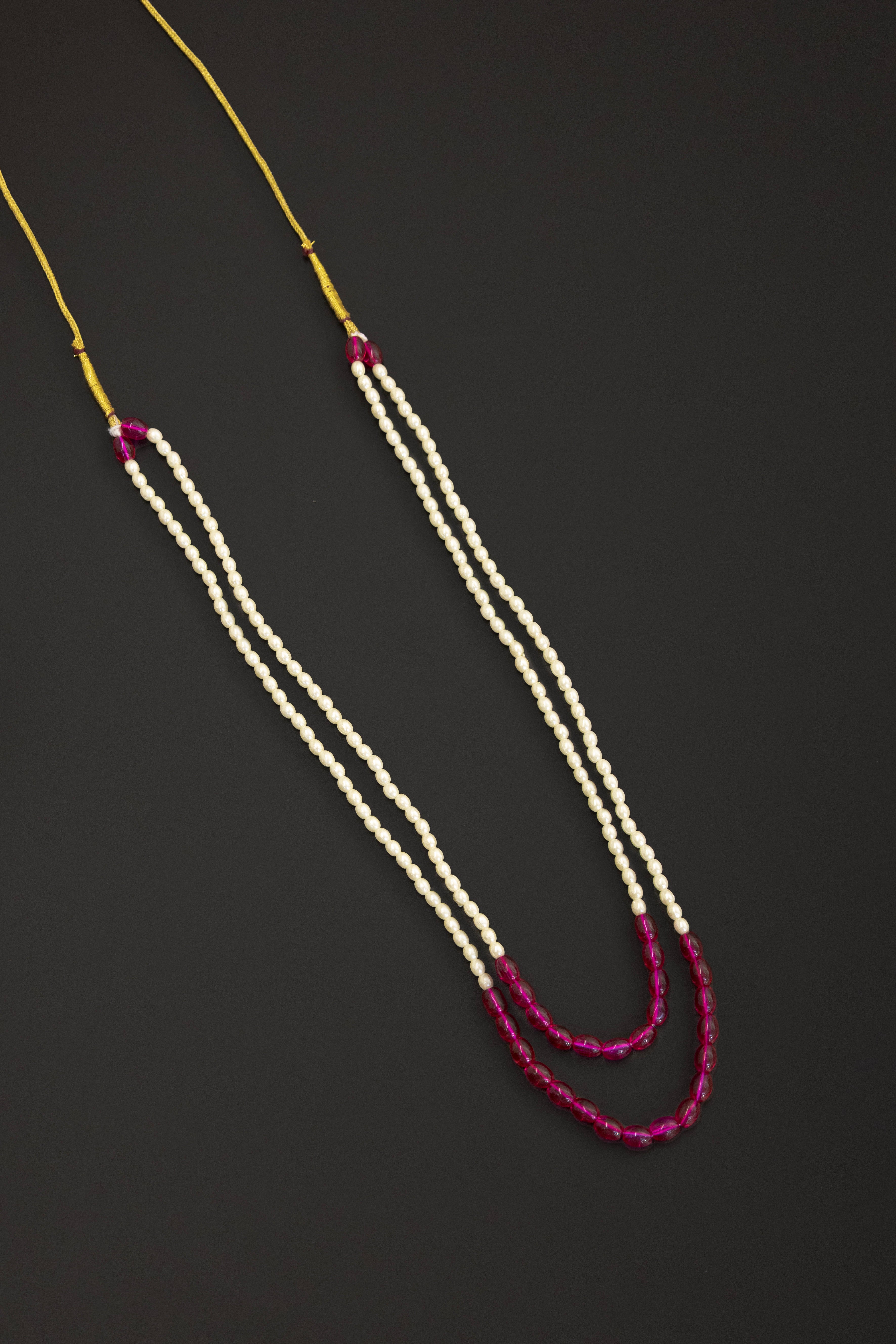 Semicultured Pearl Double Layer Kanthi with magenta Oval clear glass beads for Batu