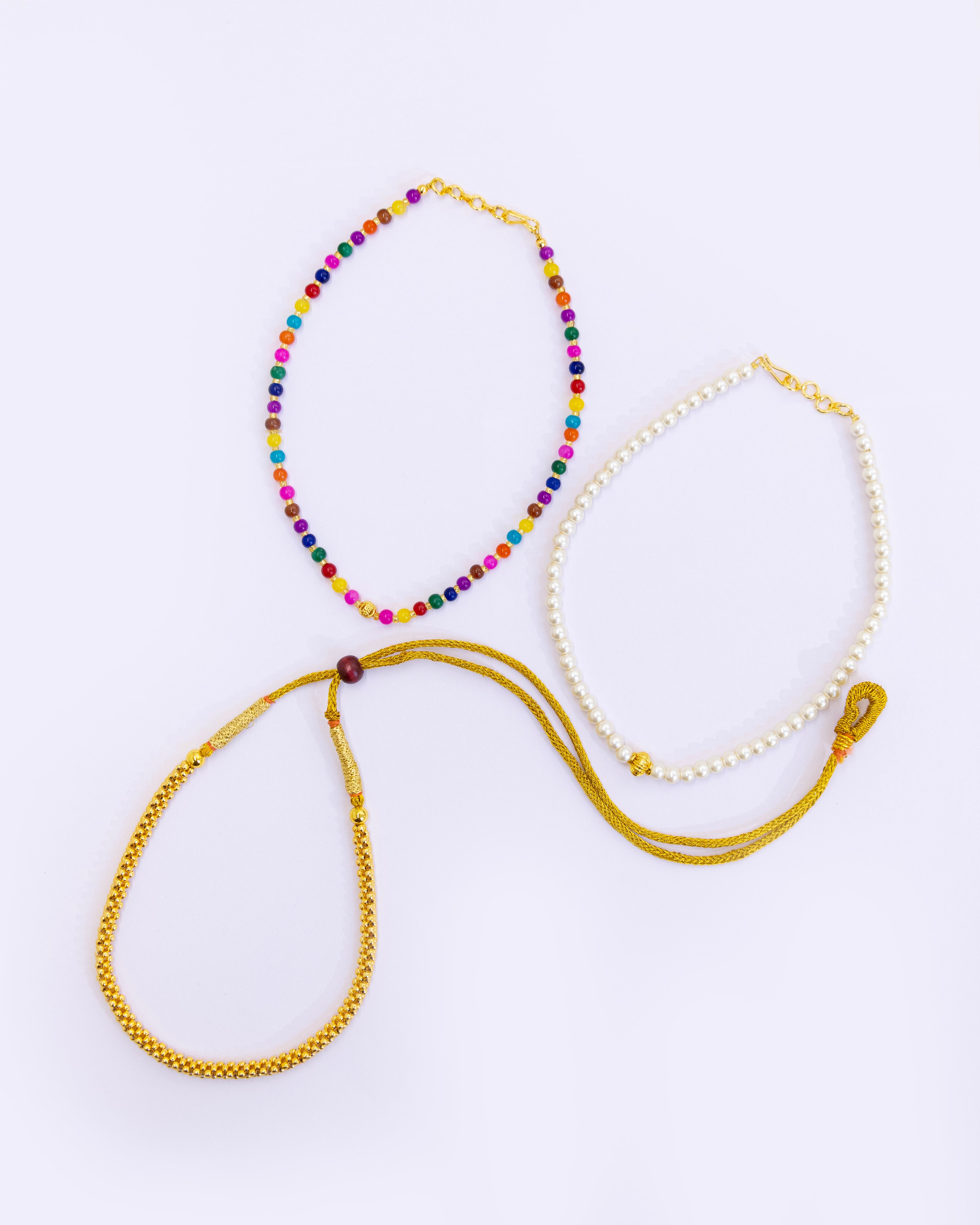 Malini set - Gold plated Thushi, Multi Coloured Glass Beads Necklace and Pearl necklace Combo for Girls