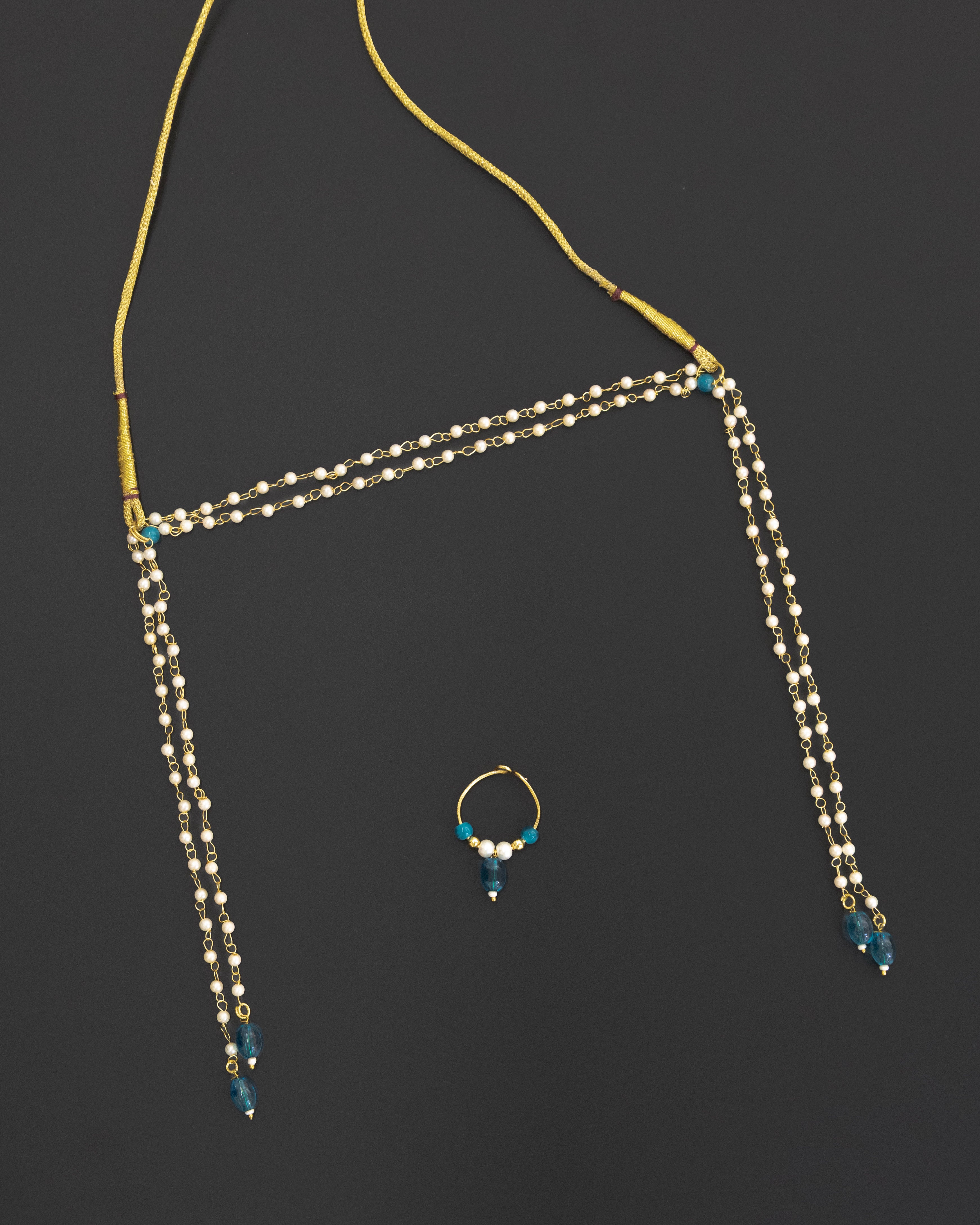 Pearls with Blue glass beads Mundavali and bhikbali combo for batu/groom