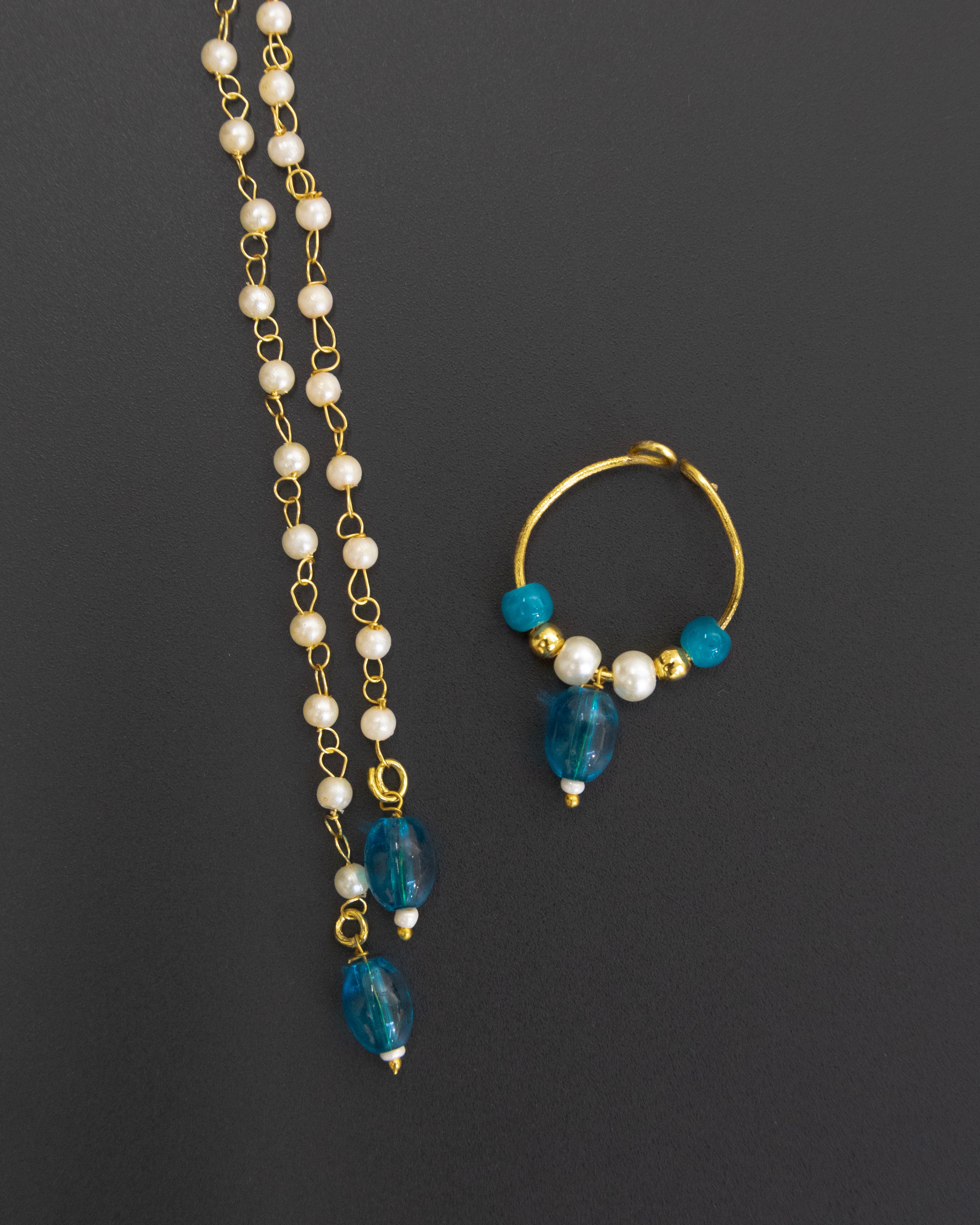 Pearls with Blue glass beads Mundavali and bhikbali combo for batu/groom