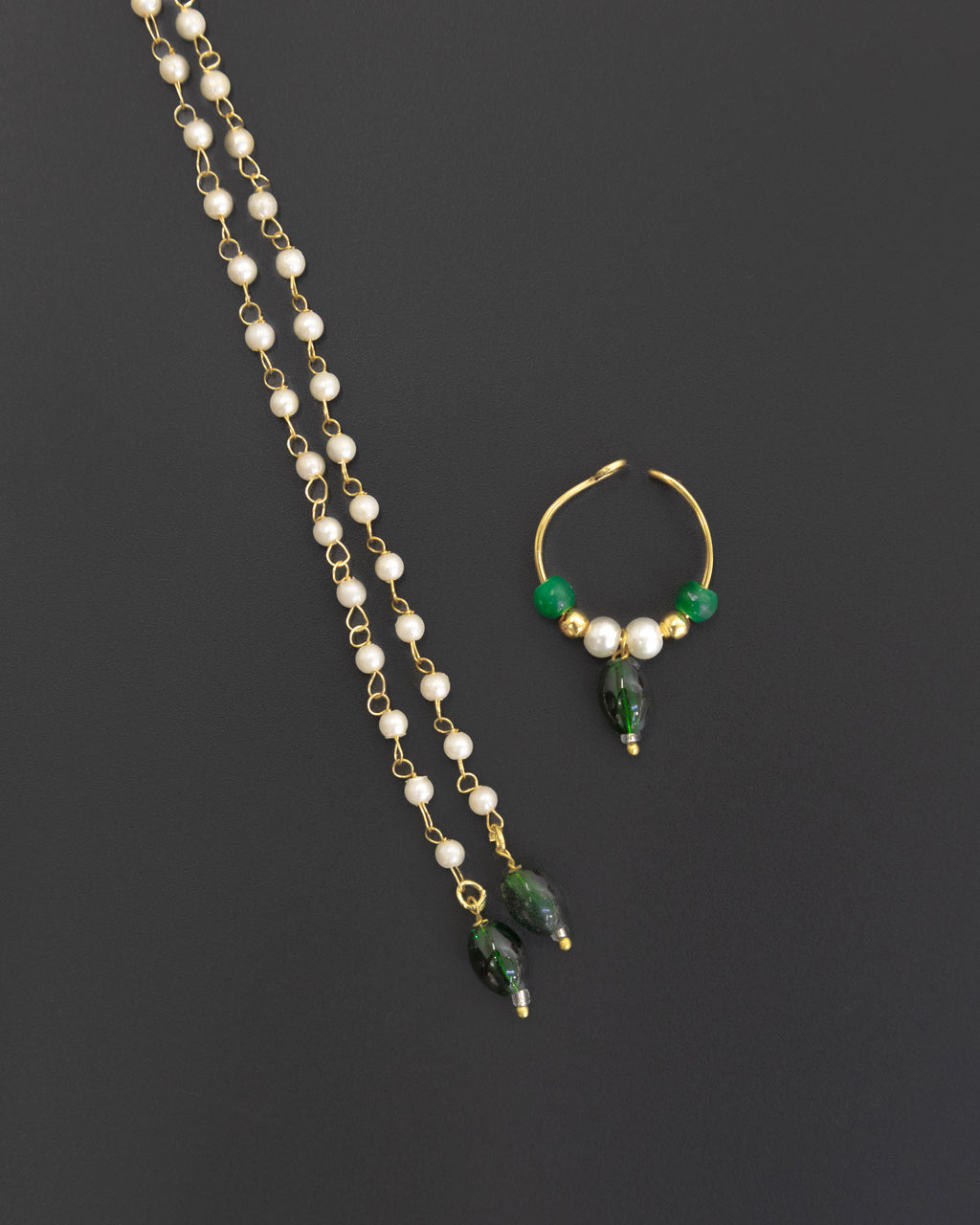 Pearls with Green glass beads Mundavali and bhikbali combo for batu/groom